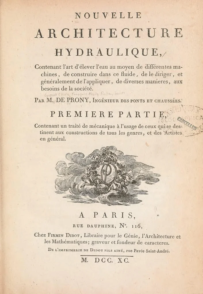 An illustration from Nouvelle architecture hydraulique : contenant l'art d'élever l'eau au moyen de différentes machines, de construire dans ce fluide, de le diriger, et généralement de l'appliquer, de diverses manieres, aux besoins de la société, 1790, leaf 9