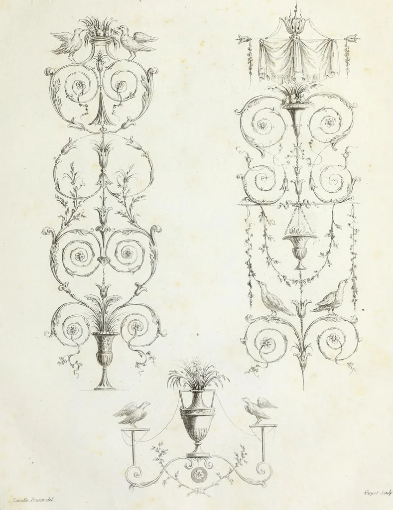 An illustration from Nouvelle collection d'arabesques, propres à la décoration des appartemens : dessinées à Rome par Lavallée Poussin et autres célèbres artistes modernes, et gravées par Guyot : précédée d'une notice historique sur le genre arabesque et d'une explication raisonnée des planches de la collection, 1810, leaf 16