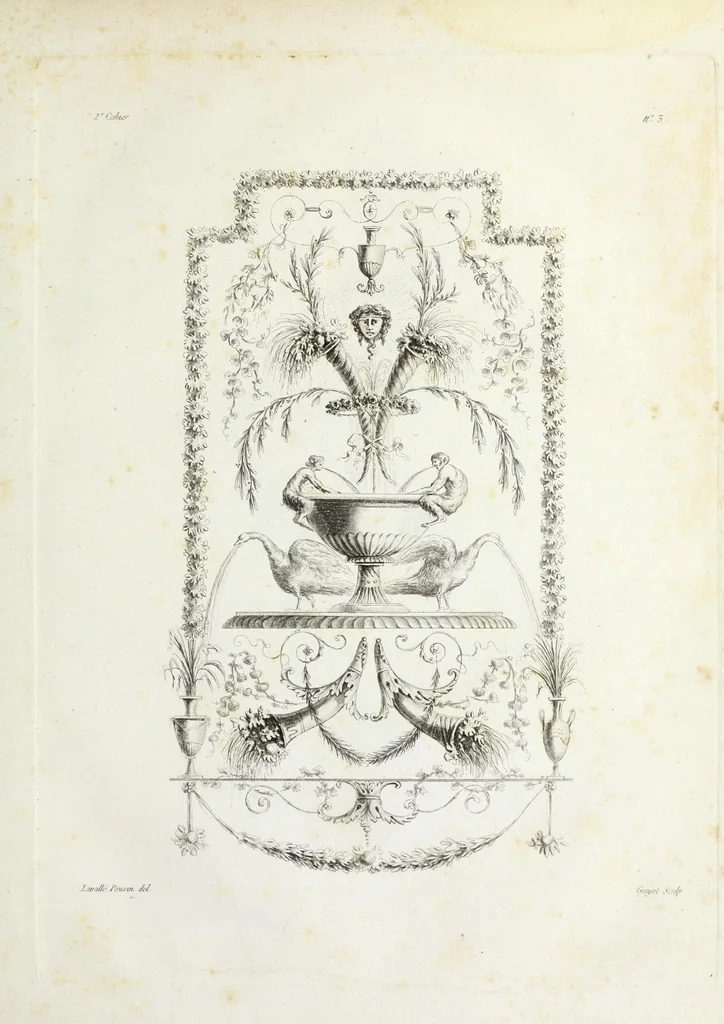 An illustration from Nouvelle collection d'arabesques, propres à la décoration des appartemens : dessinées à Rome par Lavallée Poussin et autres célèbres artistes modernes, et gravées par Guyot : précédée d'une notice historique sur le genre arabesque et d'une explication raisonnée des planches de la collection, 1810, leaf 18