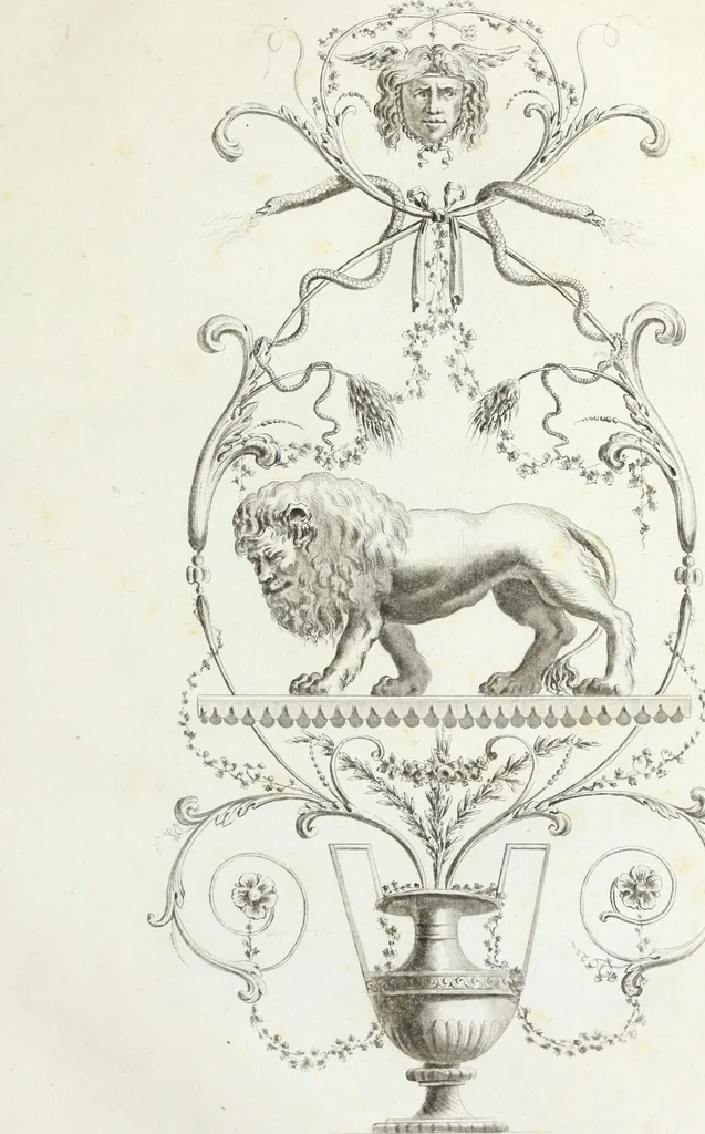 An illustration from Nouvelle collection d'arabesques, propres à la décoration des appartemens : dessinées à Rome par Lavallée Poussin et autres célèbres artistes modernes, et gravées par Guyot : précédée d'une notice historique sur le genre arabesque et d'une explication raisonnée des planches de la collection, 1810, leaf 20