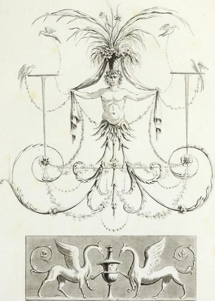 An illustration from Nouvelle collection d'arabesques, propres à la décoration des appartemens : dessinées à Rome par Lavallée Poussin et autres célèbres artistes modernes, et gravées par Guyot : précédée d'une notice historique sur le genre arabesque et d'une explication raisonnée des planches de la collection, 1810, leaf 22
