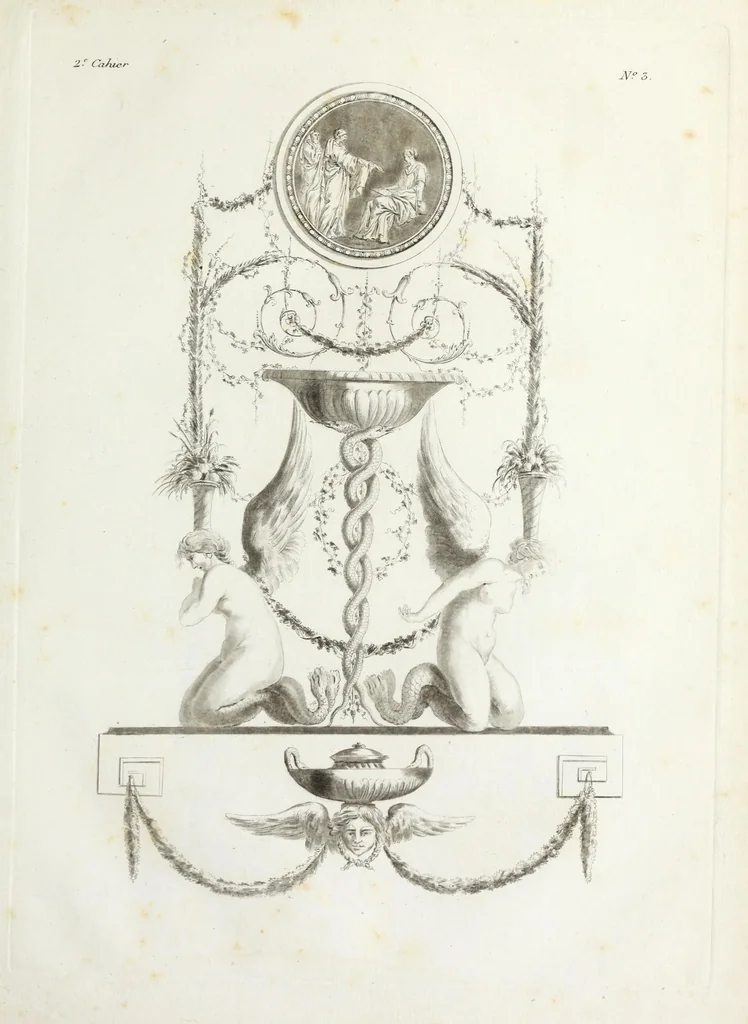 An illustration from Nouvelle collection d'arabesques, propres à la décoration des appartemens : dessinées à Rome par Lavallée Poussin et autres célèbres artistes modernes, et gravées par Guyot : précédée d'une notice historique sur le genre arabesque et d'une explication raisonnée des planches de la collection, 1810, leaf 26