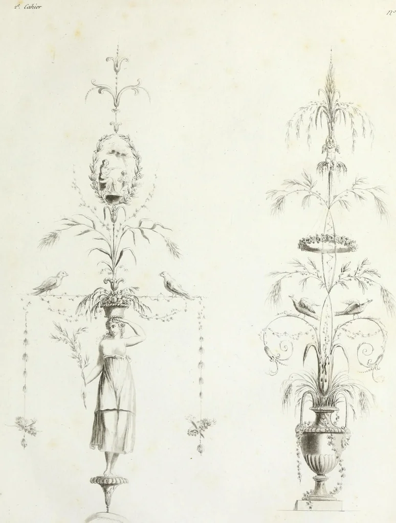 An illustration from Nouvelle collection d'arabesques, propres à la décoration des appartemens : dessinées à Rome par Lavallée Poussin et autres célèbres artistes modernes, et gravées par Guyot : précédée d'une notice historique sur le genre arabesque et d'une explication raisonnée des planches de la collection, 1810, leaf 28