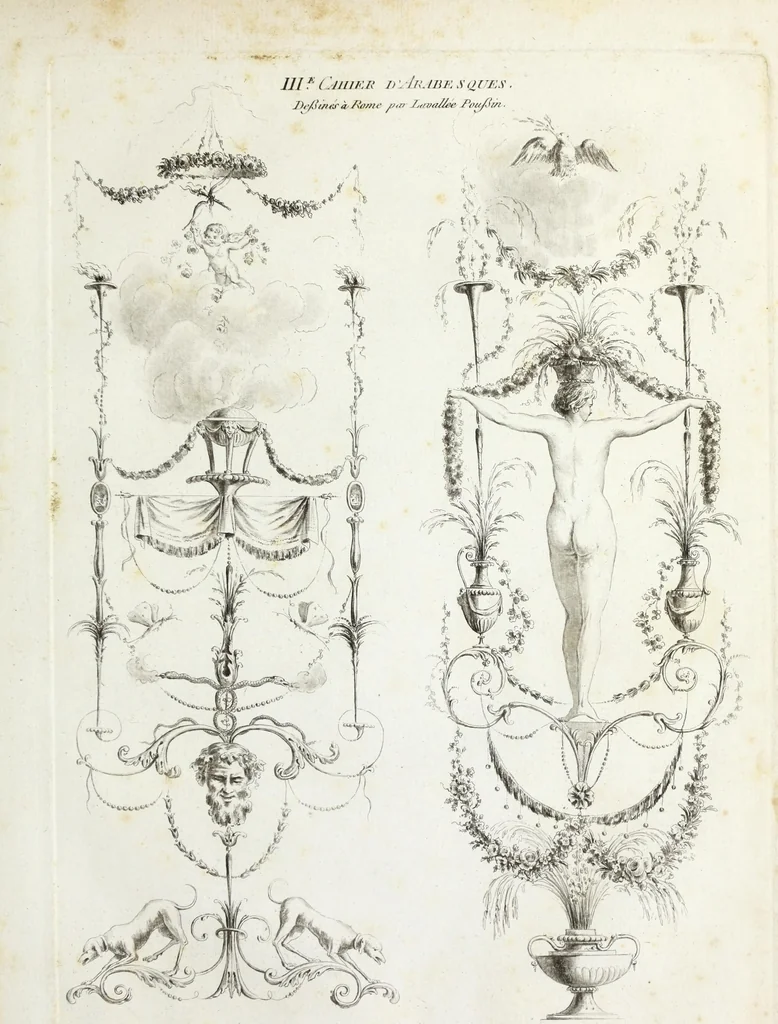 An illustration from Nouvelle collection d'arabesques, propres à la décoration des appartemens : dessinées à Rome par Lavallée Poussin et autres célèbres artistes modernes, et gravées par Guyot : précédée d'une notice historique sur le genre arabesque et d'une explication raisonnée des planches de la collection, 1810, leaf 30