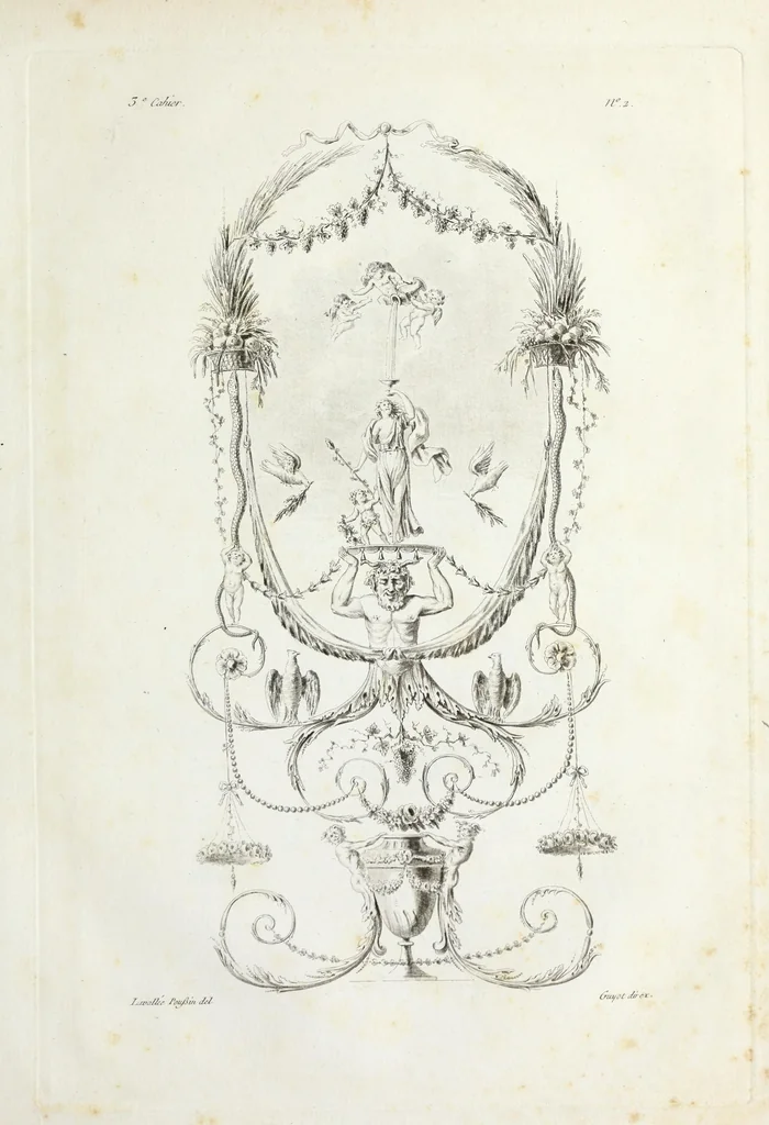 An illustration from Nouvelle collection d'arabesques, propres à la décoration des appartemens : dessinées à Rome par Lavallée Poussin et autres célèbres artistes modernes, et gravées par Guyot : précédée d'une notice historique sur le genre arabesque et d'une explication raisonnée des planches de la collection, 1810, leaf 32