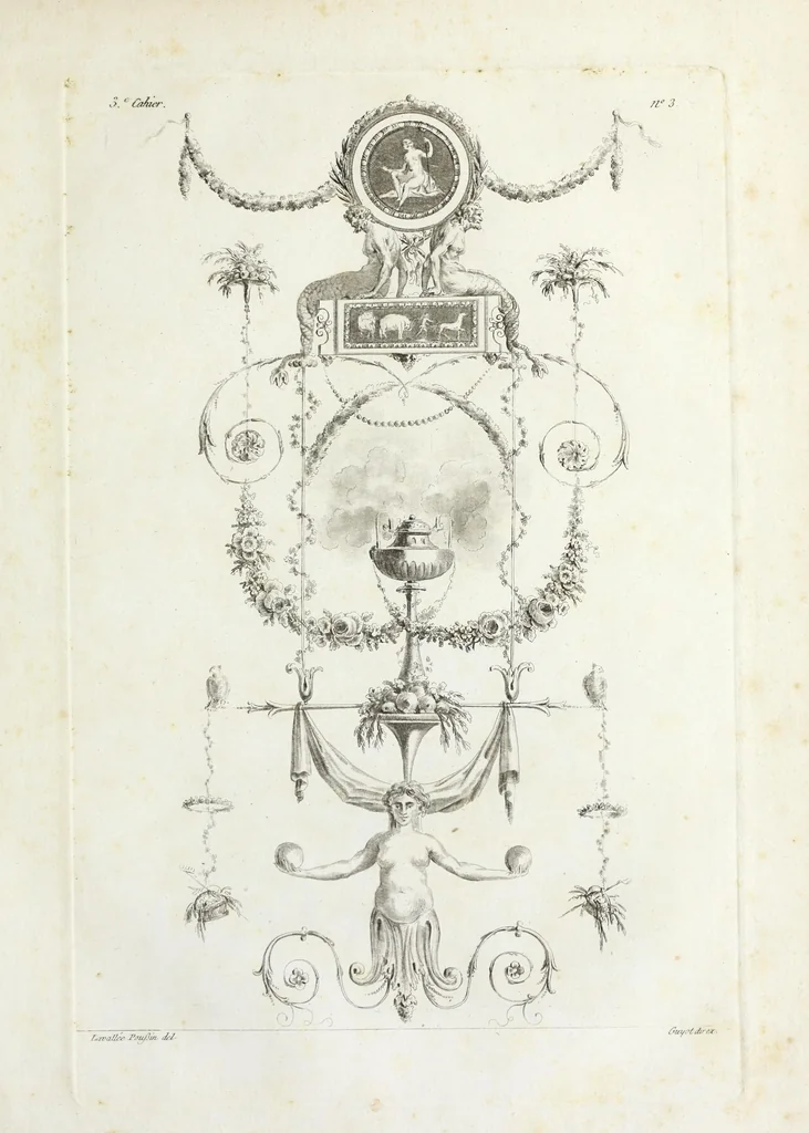 An illustration from Nouvelle collection d'arabesques, propres à la décoration des appartemens : dessinées à Rome par Lavallée Poussin et autres célèbres artistes modernes, et gravées par Guyot : précédée d'une notice historique sur le genre arabesque et d'une explication raisonnée des planches de la collection, 1810, leaf 34
