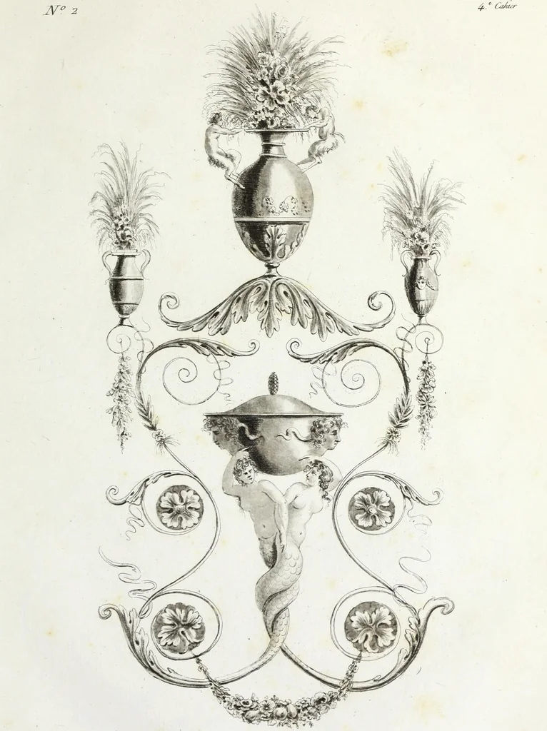 An illustration from Nouvelle collection d'arabesques, propres à la décoration des appartemens : dessinées à Rome par Lavallée Poussin et autres célèbres artistes modernes, et gravées par Guyot : précédée d'une notice historique sur le genre arabesque et d'une explication raisonnée des planches de la collection, 1810, leaf 40