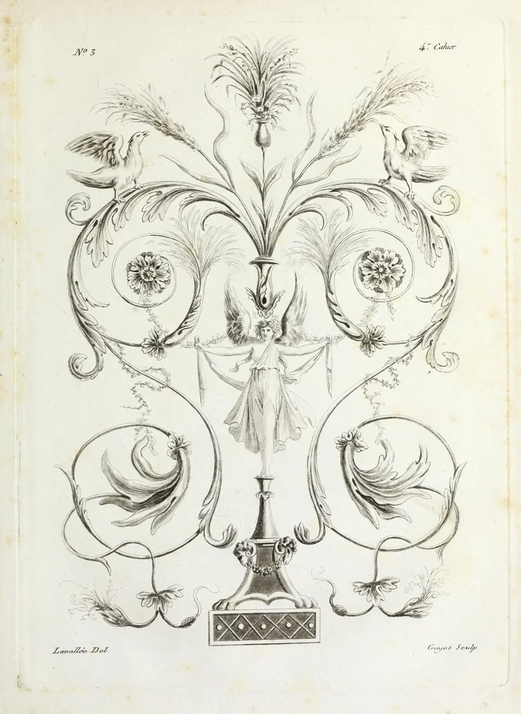 An illustration from Nouvelle collection d'arabesques, propres à la décoration des appartemens : dessinées à Rome par Lavallée Poussin et autres célèbres artistes modernes, et gravées par Guyot : précédée d'une notice historique sur le genre arabesque et d'une explication raisonnée des planches de la collection, 1810, leaf 42