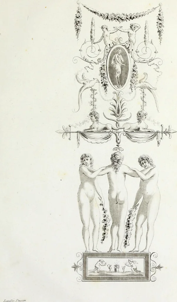 An illustration from Nouvelle collection d'arabesques, propres à la décoration des appartemens : dessinées à Rome par Lavallée Poussin et autres célèbres artistes modernes, et gravées par Guyot : précédée d'une notice historique sur le genre arabesque et d'une explication raisonnée des planches de la collection, 1810, leaf 44