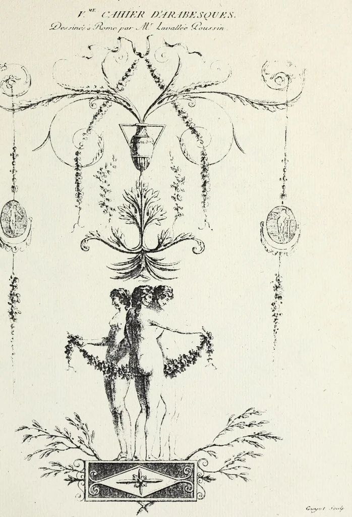 An illustration from Nouvelle collection d'arabesques, propres à la décoration des appartemens : dessinées à Rome par Lavallée Poussin et autres célèbres artistes modernes, et gravées par Guyot : précédée d'une notice historique sur le genre arabesque et d'une explication raisonnée des planches de la collection, 1810, leaf 46
