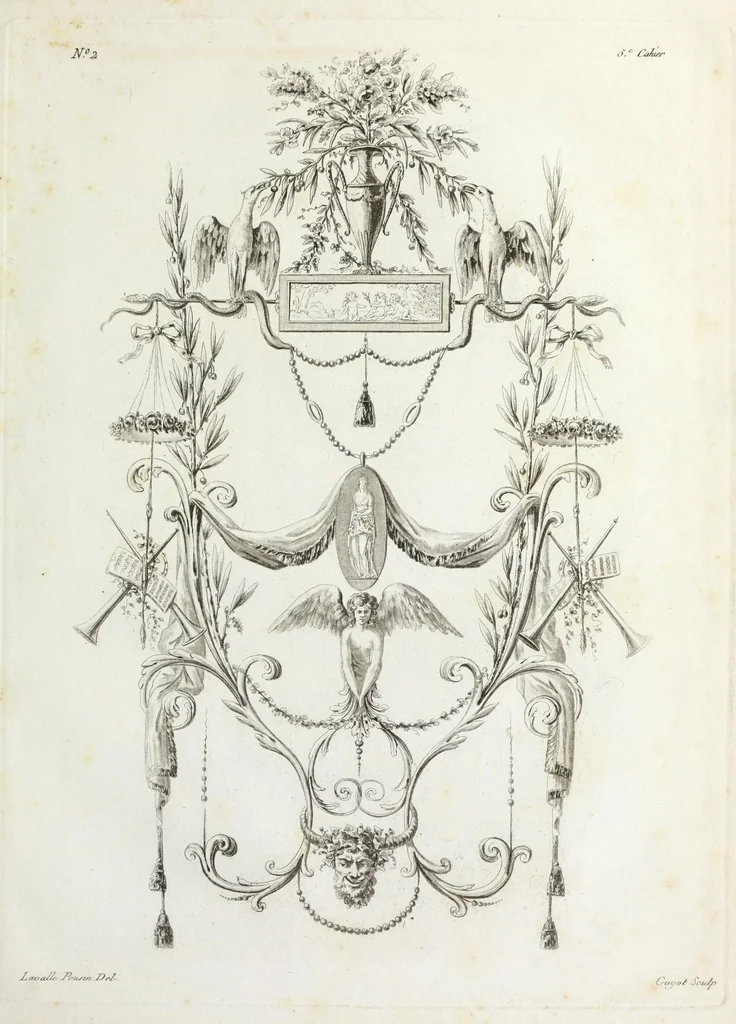 An illustration from Nouvelle collection d'arabesques, propres à la décoration des appartemens : dessinées à Rome par Lavallée Poussin et autres célèbres artistes modernes, et gravées par Guyot : précédée d'une notice historique sur le genre arabesque et d'une explication raisonnée des planches de la collection, 1810, leaf 48