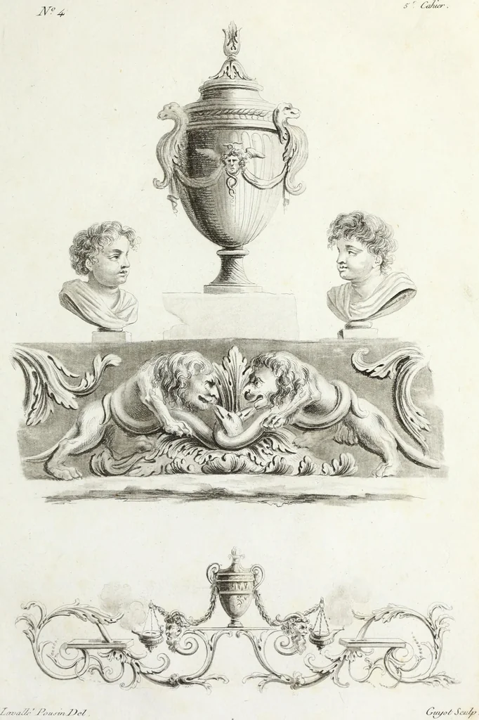 An illustration from Nouvelle collection d'arabesques, propres à la décoration des appartemens : dessinées à Rome par Lavallée Poussin et autres célèbres artistes modernes, et gravées par Guyot : précédée d'une notice historique sur le genre arabesque et d'une explication raisonnée des planches de la collection, 1810, leaf 52