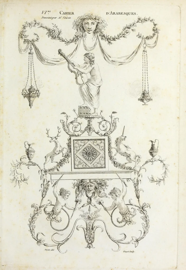 An illustration from Nouvelle collection d'arabesques, propres à la décoration des appartemens : dessinées à Rome par Lavallée Poussin et autres célèbres artistes modernes, et gravées par Guyot : précédée d'une notice historique sur le genre arabesque et d'une explication raisonnée des planches de la collection, 1810, leaf 54