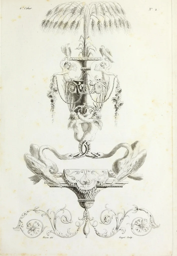 An illustration from Nouvelle collection d'arabesques, propres à la décoration des appartemens : dessinées à Rome par Lavallée Poussin et autres célèbres artistes modernes, et gravées par Guyot : précédée d'une notice historique sur le genre arabesque et d'une explication raisonnée des planches de la collection, 1810, leaf 56