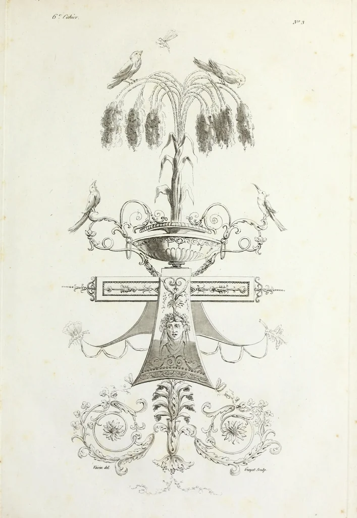 An illustration from Nouvelle collection d'arabesques, propres à la décoration des appartemens : dessinées à Rome par Lavallée Poussin et autres célèbres artistes modernes, et gravées par Guyot : précédée d'une notice historique sur le genre arabesque et d'une explication raisonnée des planches de la collection, 1810, leaf 58