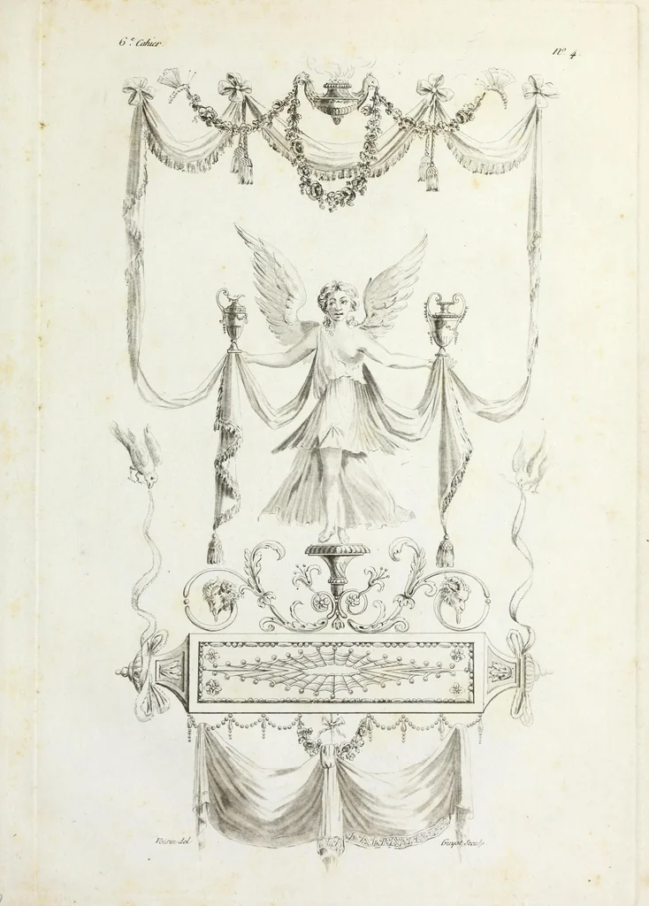 An illustration from Nouvelle collection d'arabesques, propres à la décoration des appartemens : dessinées à Rome par Lavallée Poussin et autres célèbres artistes modernes, et gravées par Guyot : précédée d'une notice historique sur le genre arabesque et d'une explication raisonnée des planches de la collection, 1810, leaf 60