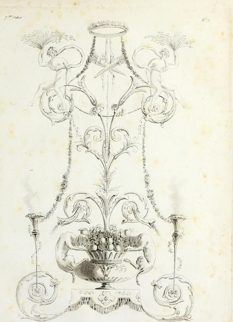 An illustration from Nouvelle collection d'arabesques, propres à la décoration des appartemens : dessinées à Rome par Lavallée Poussin et autres célèbres artistes modernes, et gravées par Guyot : précédée d'une notice historique sur le genre arabesque et d'une explication raisonnée des planches de la collection, 1810, leaf 64