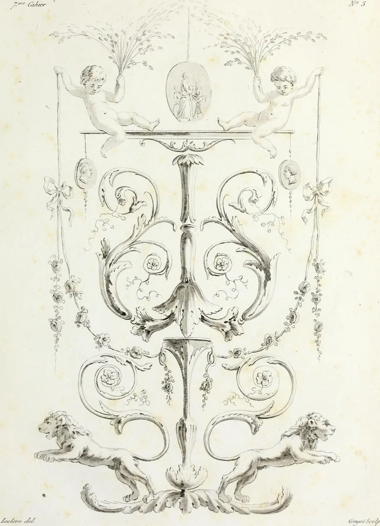 An illustration from Nouvelle collection d'arabesques, propres à la décoration des appartemens : dessinées à Rome par Lavallée Poussin et autres célèbres artistes modernes, et gravées par Guyot : précédée d'une notice historique sur le genre arabesque et d'une explication raisonnée des planches de la collection, 1810, leaf 66