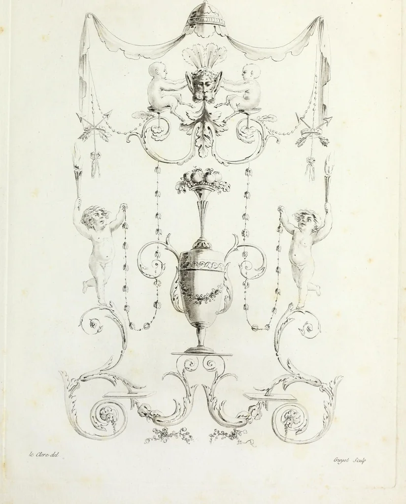 An illustration from Nouvelle collection d'arabesques, propres à la décoration des appartemens : dessinées à Rome par Lavallée Poussin et autres célèbres artistes modernes, et gravées par Guyot : précédée d'une notice historique sur le genre arabesque et d'une explication raisonnée des planches de la collection, 1810, leaf 68