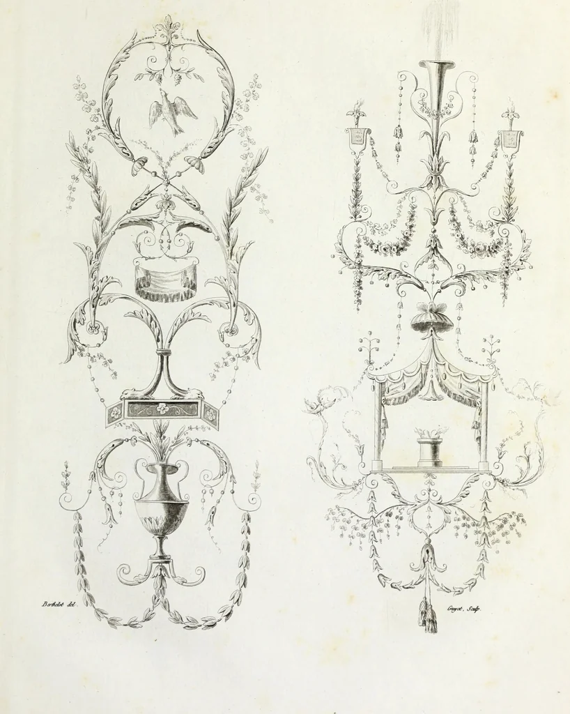 An illustration from Nouvelle collection d'arabesques, propres à la décoration des appartemens : dessinées à Rome par Lavallée Poussin et autres célèbres artistes modernes, et gravées par Guyot : précédée d'une notice historique sur le genre arabesque et d'une explication raisonnée des planches de la collection, 1810, leaf 70