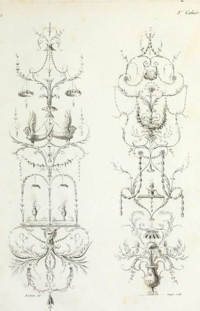An illustration from Nouvelle collection d'arabesques, propres à la décoration des appartemens : dessinées à Rome par Lavallée Poussin et autres célèbres artistes modernes, et gravées par Guyot : précédée d'une notice historique sur le genre arabesque et d'une explication raisonnée des planches de la collection, 1810, leaf 72