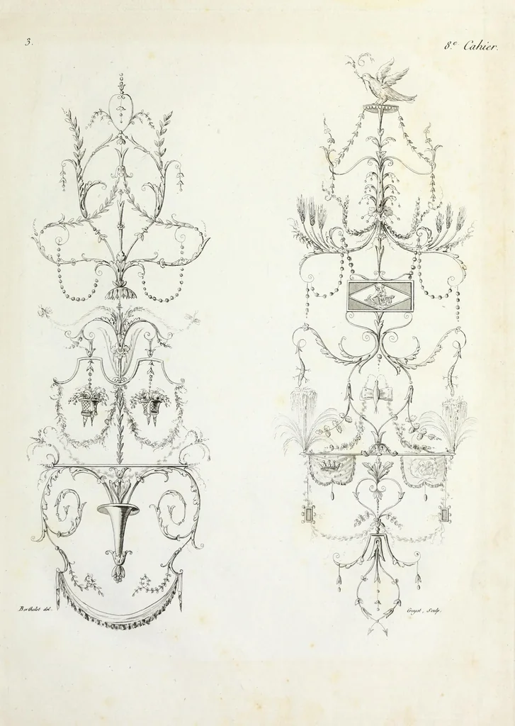 An illustration from Nouvelle collection d'arabesques, propres à la décoration des appartemens : dessinées à Rome par Lavallée Poussin et autres célèbres artistes modernes, et gravées par Guyot : précédée d'une notice historique sur le genre arabesque et d'une explication raisonnée des planches de la collection, 1810, leaf 74