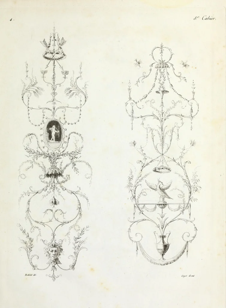 An illustration from Nouvelle collection d'arabesques, propres à la décoration des appartemens : dessinées à Rome par Lavallée Poussin et autres célèbres artistes modernes, et gravées par Guyot : précédée d'une notice historique sur le genre arabesque et d'une explication raisonnée des planches de la collection, 1810, leaf 76