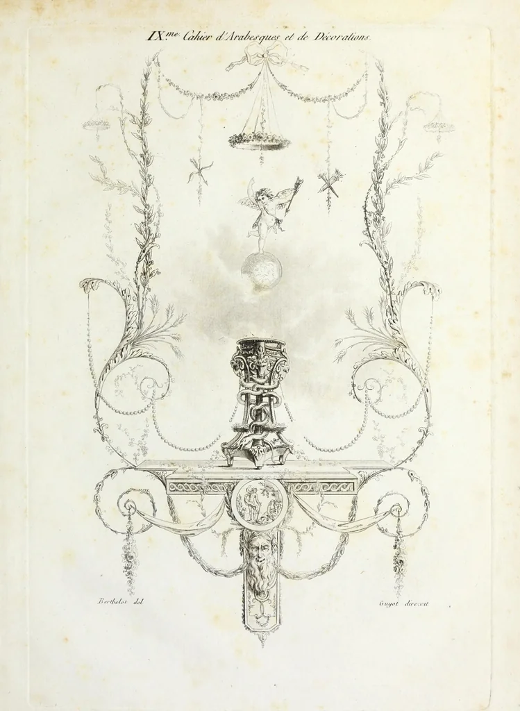 An illustration from Nouvelle collection d'arabesques, propres à la décoration des appartemens : dessinées à Rome par Lavallée Poussin et autres célèbres artistes modernes, et gravées par Guyot : précédée d'une notice historique sur le genre arabesque et d'une explication raisonnée des planches de la collection, 1810, leaf 78