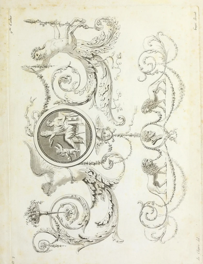 An illustration from Nouvelle collection d'arabesques, propres à la décoration des appartemens : dessinées à Rome par Lavallée Poussin et autres célèbres artistes modernes, et gravées par Guyot : précédée d'une notice historique sur le genre arabesque et d'une explication raisonnée des planches de la collection, 1810, leaf 80