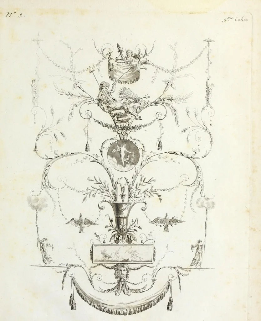 An illustration from Nouvelle collection d'arabesques, propres à la décoration des appartemens : dessinées à Rome par Lavallée Poussin et autres célèbres artistes modernes, et gravées par Guyot : précédée d'une notice historique sur le genre arabesque et d'une explication raisonnée des planches de la collection, 1810, leaf 82