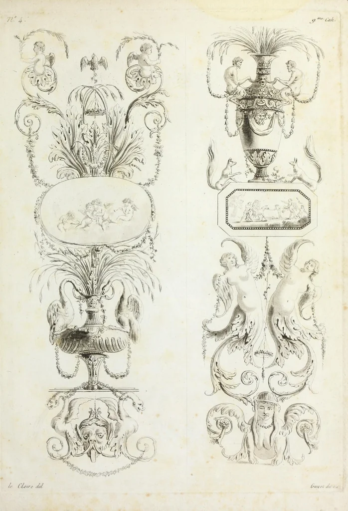 An illustration from Nouvelle collection d'arabesques, propres à la décoration des appartemens : dessinées à Rome par Lavallée Poussin et autres célèbres artistes modernes, et gravées par Guyot : précédée d'une notice historique sur le genre arabesque et d'une explication raisonnée des planches de la collection, 1810, leaf 84