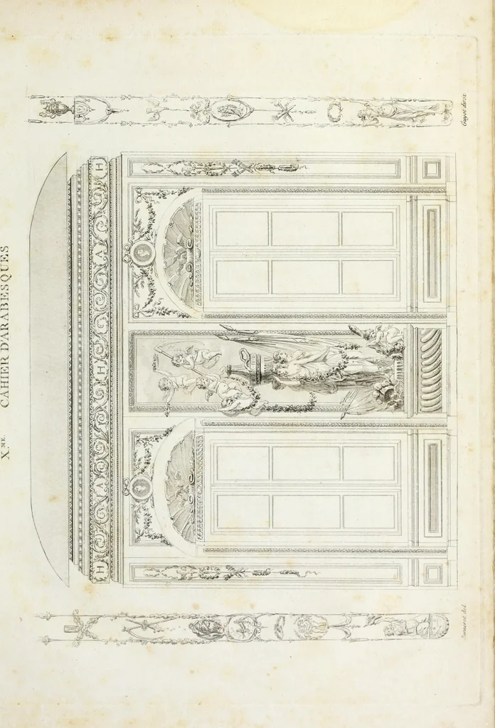 An illustration from Nouvelle collection d'arabesques, propres à la décoration des appartemens : dessinées à Rome par Lavallée Poussin et autres célèbres artistes modernes, et gravées par Guyot : précédée d'une notice historique sur le genre arabesque et d'une explication raisonnée des planches de la collection, 1810, leaf 86