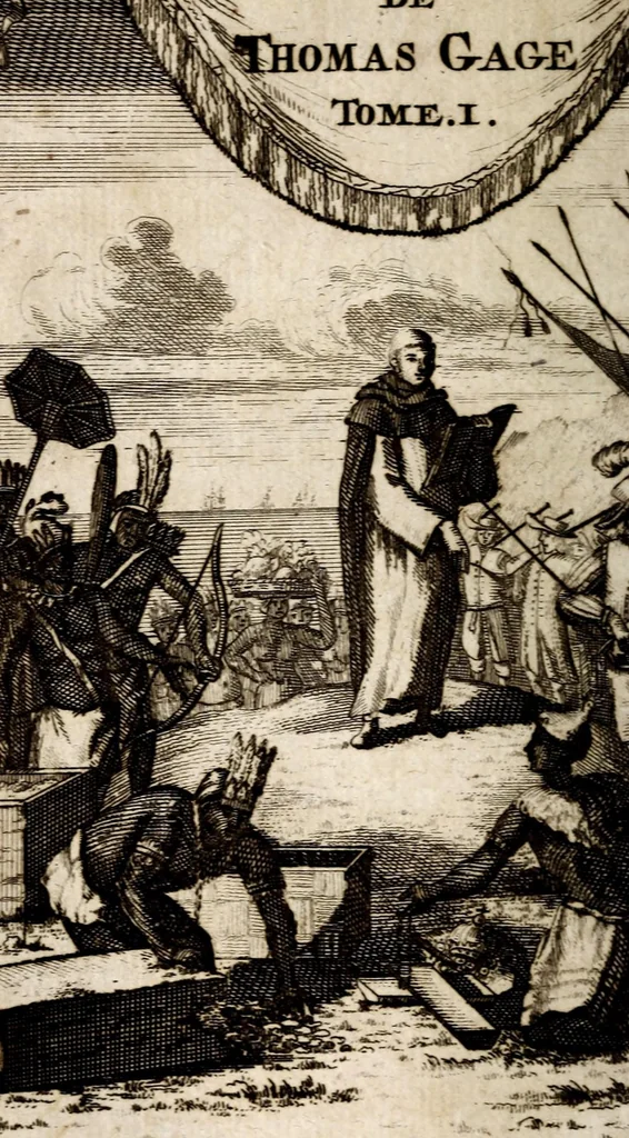 An illustration from Nouvelle relation, contenant les voyages de Thomas Gage dans la Nouvelle Espagne, ses diverses avantures; & son retour par la province de Nicaragua, jusques à la Havane. Avec la description de la ville de Mexique telle qu'elle estoit autrefois, & comme elle est à present. Ensemble une description exacte des terres & provinces que possedent les Espagnols en toute l'Amérique, de la forme de leur gouvernement ecclesiastique & politique, de leur commerce, de leurs moeurs, & de celles des criolles, des metifs, des mulatres, des Indiens, & des negres.., 1699, leaf 16