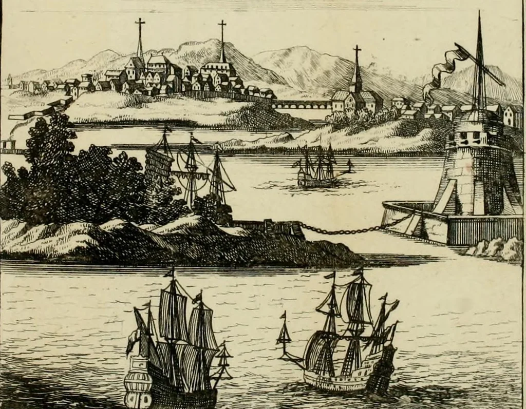 An illustration from Nouvelle relation, contenant les voyages de Thomas Gage dans la Nouvelle Espagne, ses diverses avantures; & son retour par la province de Nicaragua, jusques à la Havane. Avec la description de la ville de Mexique telle qu'elle estoit autrefois, & comme elle est à present. Ensemble une description exacte des terres & provinces que possedent les Espagnols en toute l'Amérique, de la forme de leur gouvernement ecclesiastique & politique, de leur commerce, de leurs moeurs, & de celles des criolles, des metifs, des mulatres, des Indiens, & des negres.., 1699, leaf 335