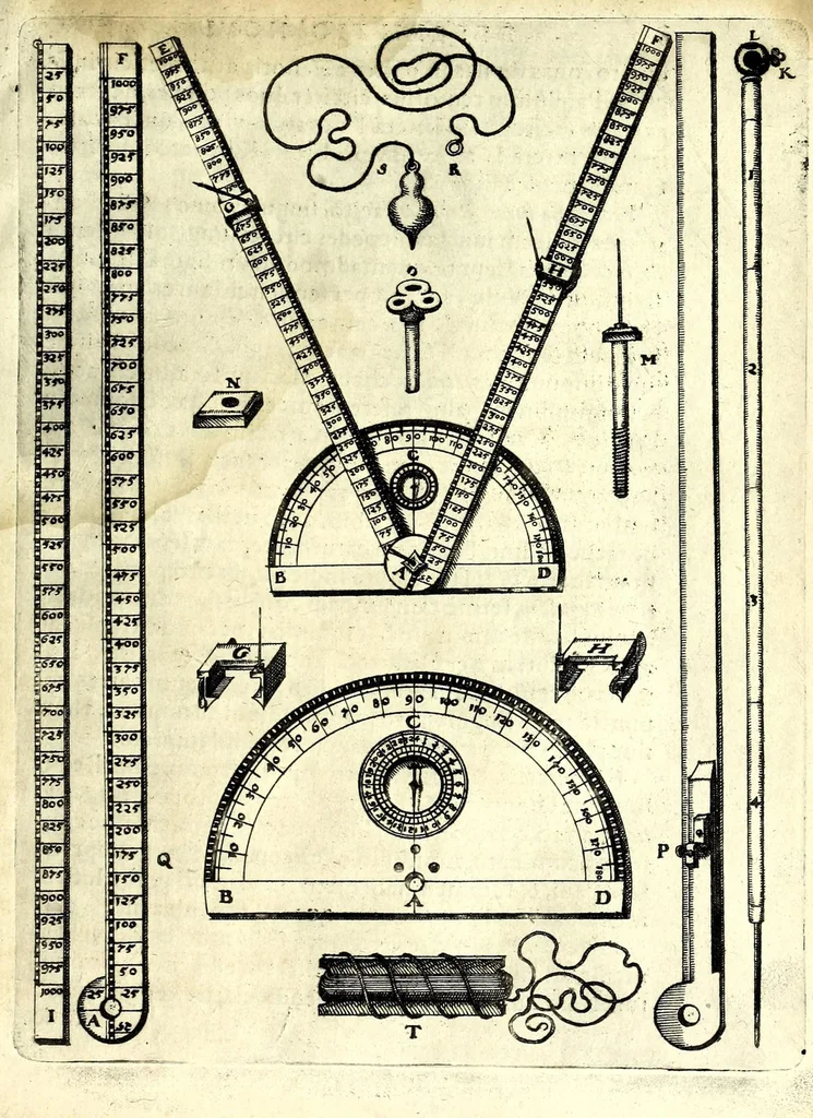 An illustration from Nouvm instrumentum geometricum : quo rerum mensurabilium longitudo, altitudo, latitudo & profunditas, hactenus inaudito compendio, etiam ab arithmeticae imperitis, quàm certissimè mensurantur, 1607, leaf 17