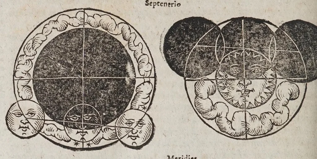 An illustration from Novae motuum coelestium ephemerides Brandenburgicae, annorum LX, incipientes ab anno 1595, & desinentes in annum 1655, calculo duplici luminarium, Tychonico & Copernicaeo, reliquorum planetarum posteriore elaboratae, & varijs diversarum nationum calendarijs accomodatae : cum introductione hac pleniore, in qua chronologica, astronomica & astrologica ex fundamentis ipsis tractantur, 1609, leaf 382