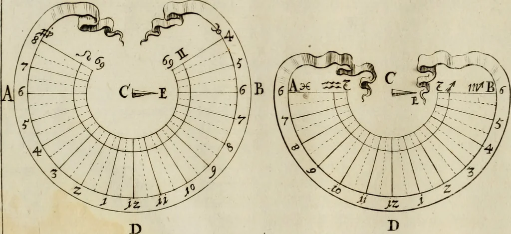 An illustration from Nova praxis construendi circinum proportionalem horographicum : eoque ritè confecto omnis generis horologia in planis regularibus et declinantibus expeditissimè et exactissimè delineandi, in proximi commodum typis proposita & figuris instructa, 1695, leaf 45