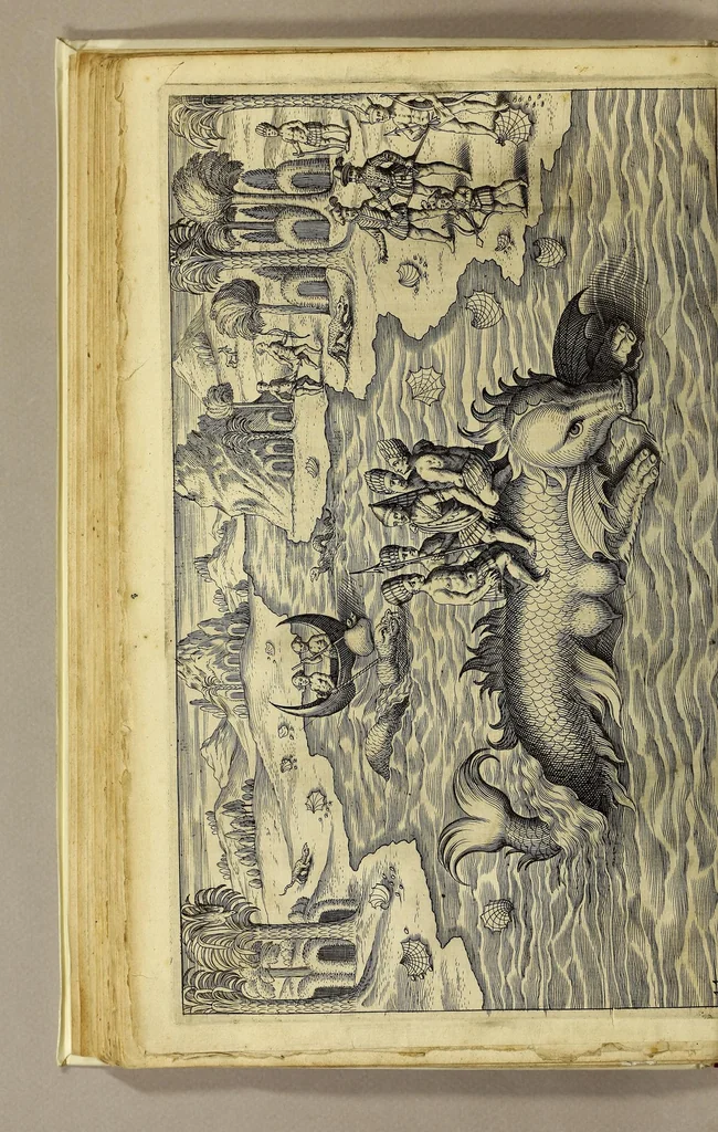 An illustration from Nova typis transacta navigatio. : Novi Orbis Indiæ Occidentalis admodum reverendissimorum PP. ... Dn. Buellii Cataloni abbatis montis Serrati, & in vniversam Americam, sive Novum Orbem sacræ sedis Apostolicæ Romanæ â latere legati, vicarij, ac patriarchæ : sociorumq[ue] monarchorum ex Ordine S.P.N. Benedicti ad suprà dicti Novi Mundi barbaras gentes Christi S. Evangelium prædicandi gratia delegatorum sacerdotum dimissi per S.D.D. Papam Alexandrum VI. Anno Christi. 1492. Nunc primum e varijs scriptoribus in vnum collecta, & figuris ornata., 1621, leaf 102