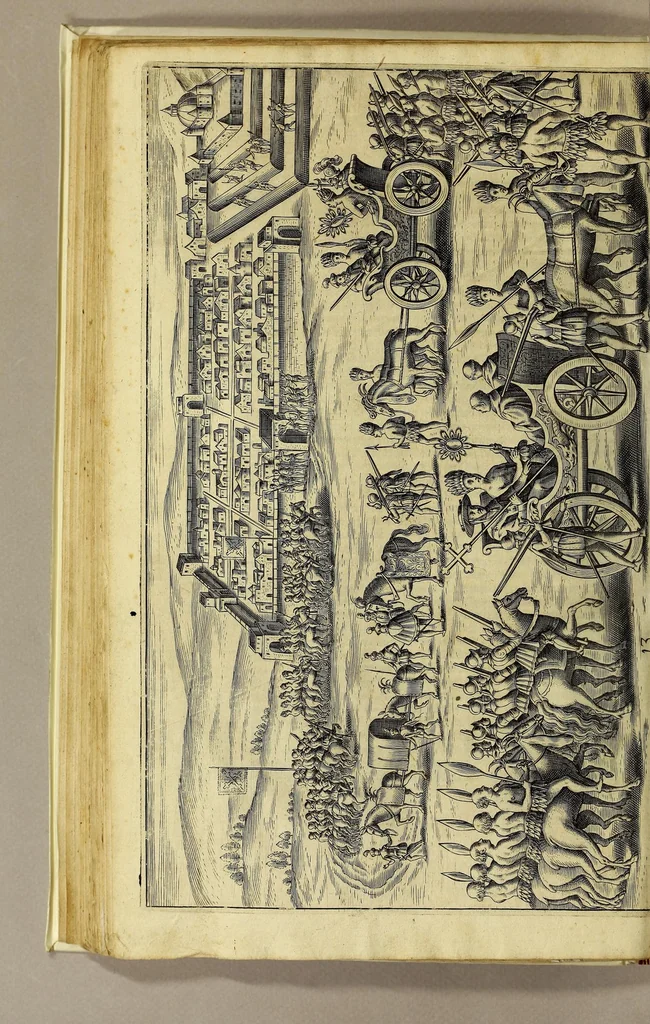 An illustration from Nova typis transacta navigatio. : Novi Orbis Indiæ Occidentalis admodum reverendissimorum PP. ... Dn. Buellii Cataloni abbatis montis Serrati, & in vniversam Americam, sive Novum Orbem sacræ sedis Apostolicæ Romanæ â latere legati, vicarij, ac patriarchæ : sociorumq[ue] monarchorum ex Ordine S.P.N. Benedicti ad suprà dicti Novi Mundi barbaras gentes Christi S. Evangelium prædicandi gratia delegatorum sacerdotum dimissi per S.D.D. Papam Alexandrum VI. Anno Christi. 1492. Nunc primum e varijs scriptoribus in vnum collecta, & figuris ornata., 1621, leaf 116