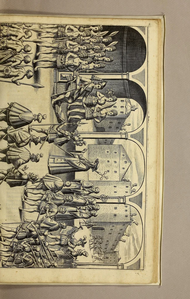An illustration from Nova typis transacta navigatio. : Novi Orbis Indiæ Occidentalis admodum reverendissimorum PP. ... Dn. Buellii Cataloni abbatis montis Serrati, & in vniversam Americam, sive Novum Orbem sacræ sedis Apostolicæ Romanæ â latere legati, vicarij, ac patriarchæ : sociorumq[ue] monarchorum ex Ordine S.P.N. Benedicti ad suprà dicti Novi Mundi barbaras gentes Christi S. Evangelium prædicandi gratia delegatorum sacerdotum dimissi per S.D.D. Papam Alexandrum VI. Anno Christi. 1492. Nunc primum e varijs scriptoribus in vnum collecta, & figuris ornata., 1621, leaf 125