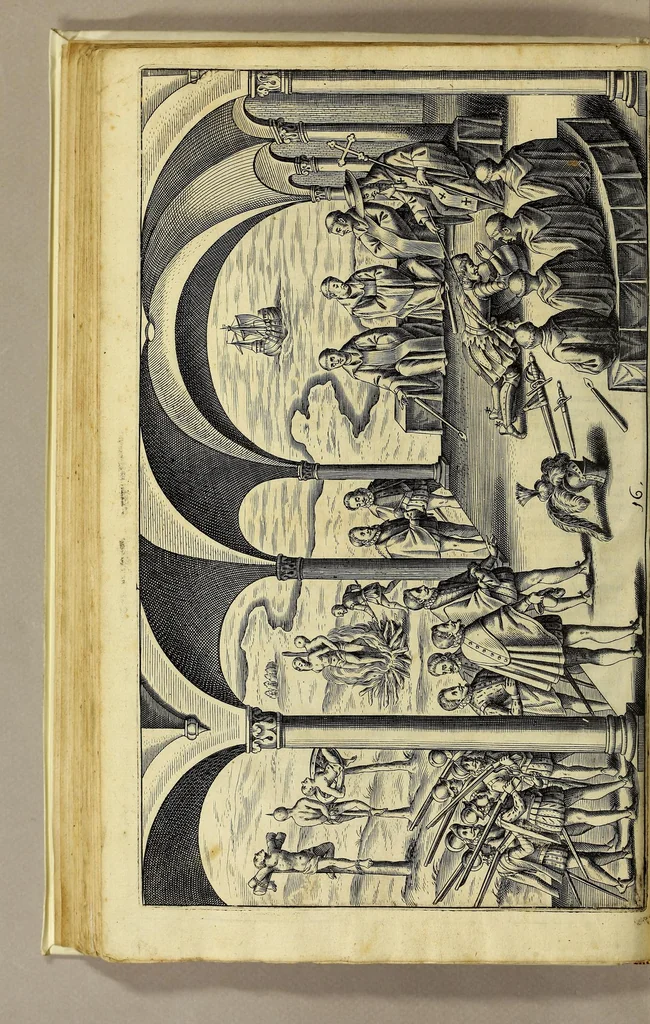 An illustration from Nova typis transacta navigatio. : Novi Orbis Indiæ Occidentalis admodum reverendissimorum PP. ... Dn. Buellii Cataloni abbatis montis Serrati, & in vniversam Americam, sive Novum Orbem sacræ sedis Apostolicæ Romanæ â latere legati, vicarij, ac patriarchæ : sociorumq[ue] monarchorum ex Ordine S.P.N. Benedicti ad suprà dicti Novi Mundi barbaras gentes Christi S. Evangelium prædicandi gratia delegatorum sacerdotum dimissi per S.D.D. Papam Alexandrum VI. Anno Christi. 1492. Nunc primum e varijs scriptoribus in vnum collecta, & figuris ornata., 1621, leaf 140