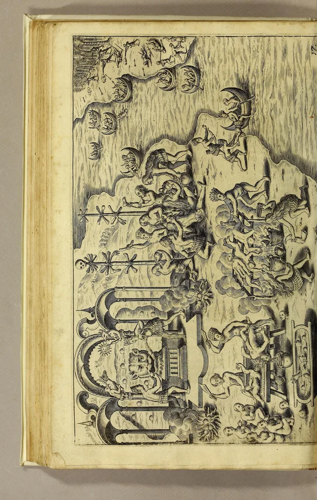 An illustration from Nova typis transacta navigatio. : Novi Orbis Indiæ Occidentalis admodum reverendissimorum PP. ... Dn. Buellii Cataloni abbatis montis Serrati, & in vniversam Americam, sive Novum Orbem sacræ sedis Apostolicæ Romanæ â latere legati, vicarij, ac patriarchæ : sociorumq[ue] monarchorum ex Ordine S.P.N. Benedicti ad suprà dicti Novi Mundi barbaras gentes Christi S. Evangelium prædicandi gratia delegatorum sacerdotum dimissi per S.D.D. Papam Alexandrum VI. Anno Christi. 1492. Nunc primum e varijs scriptoribus in vnum collecta, & figuris ornata., 1621, leaf 146