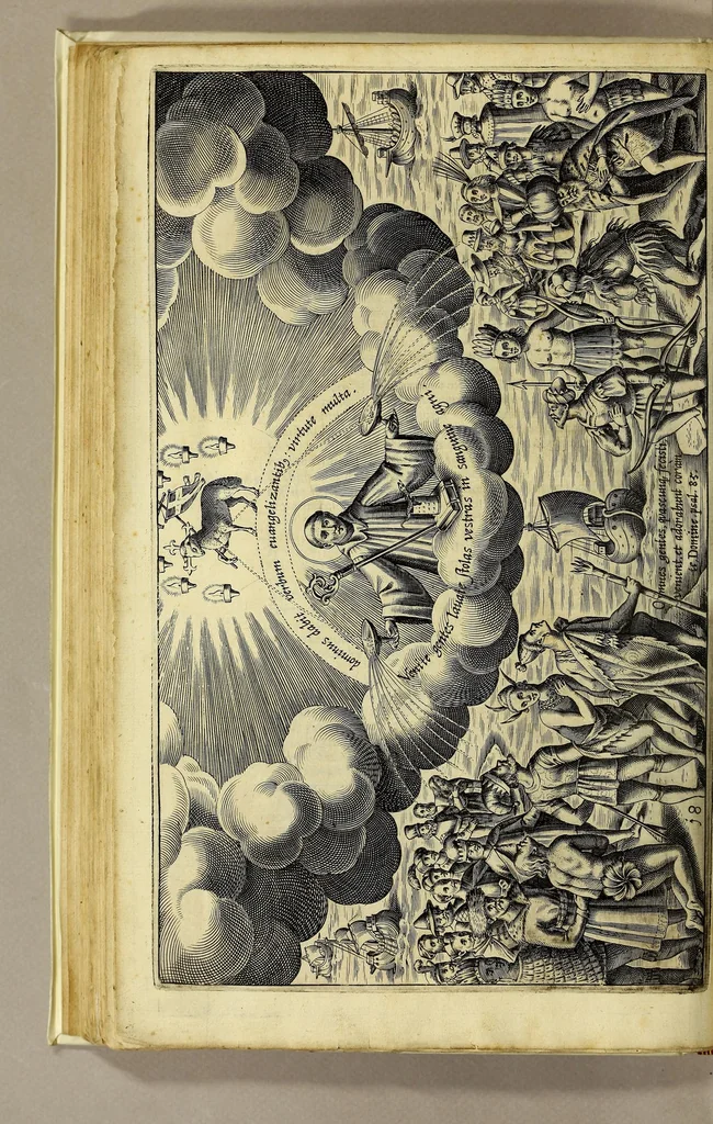 An illustration from Nova typis transacta navigatio. : Novi Orbis Indiæ Occidentalis admodum reverendissimorum PP. ... Dn. Buellii Cataloni abbatis montis Serrati, & in vniversam Americam, sive Novum Orbem sacræ sedis Apostolicæ Romanæ â latere legati, vicarij, ac patriarchæ : sociorumq[ue] monarchorum ex Ordine S.P.N. Benedicti ad suprà dicti Novi Mundi barbaras gentes Christi S. Evangelium prædicandi gratia delegatorum sacerdotum dimissi per S.D.D. Papam Alexandrum VI. Anno Christi. 1492. Nunc primum e varijs scriptoribus in vnum collecta, & figuris ornata., 1621, leaf 154