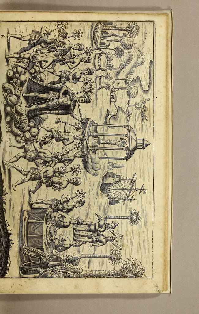 An illustration from Nova typis transacta navigatio. : Novi Orbis Indiæ Occidentalis admodum reverendissimorum PP. ... Dn. Buellii Cataloni abbatis montis Serrati, & in vniversam Americam, sive Novum Orbem sacræ sedis Apostolicæ Romanæ â latere legati, vicarij, ac patriarchæ : sociorumq[ue] monarchorum ex Ordine S.P.N. Benedicti ad suprà dicti Novi Mundi barbaras gentes Christi S. Evangelium prædicandi gratia delegatorum sacerdotum dimissi per S.D.D. Papam Alexandrum VI. Anno Christi. 1492. Nunc primum e varijs scriptoribus in vnum collecta, & figuris ornata., 1621, leaf 67