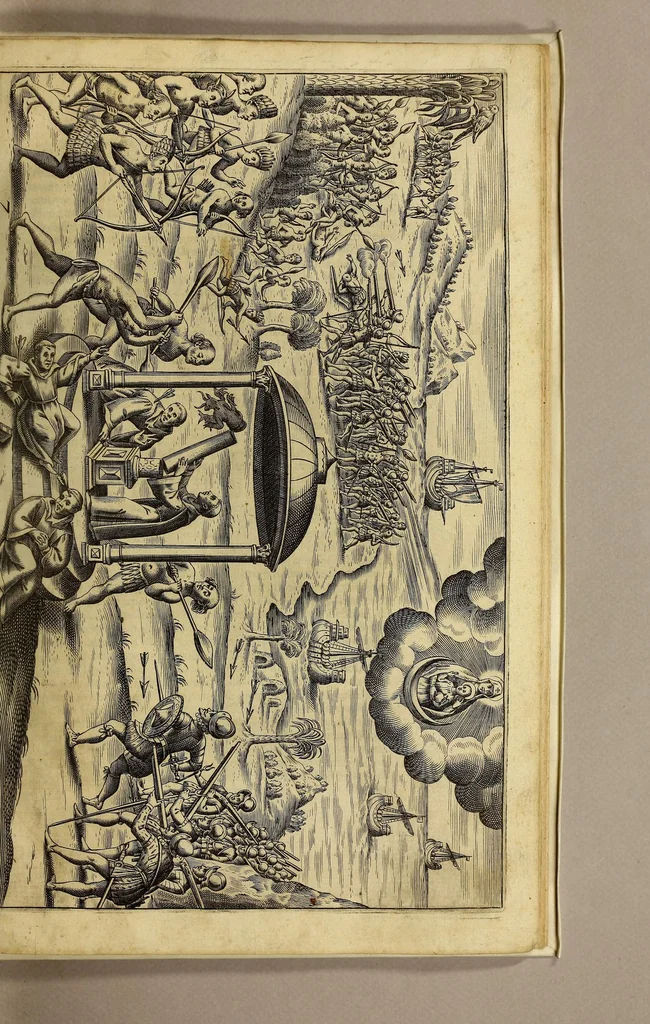 An illustration from Nova typis transacta navigatio. : Novi Orbis Indiæ Occidentalis admodum reverendissimorum PP. ... Dn. Buellii Cataloni abbatis montis Serrati, & in vniversam Americam, sive Novum Orbem sacræ sedis Apostolicæ Romanæ â latere legati, vicarij, ac patriarchæ : sociorumq[ue] monarchorum ex Ordine S.P.N. Benedicti ad suprà dicti Novi Mundi barbaras gentes Christi S. Evangelium prædicandi gratia delegatorum sacerdotum dimissi per S.D.D. Papam Alexandrum VI. Anno Christi. 1492. Nunc primum e varijs scriptoribus in vnum collecta, & figuris ornata., 1621, leaf 77