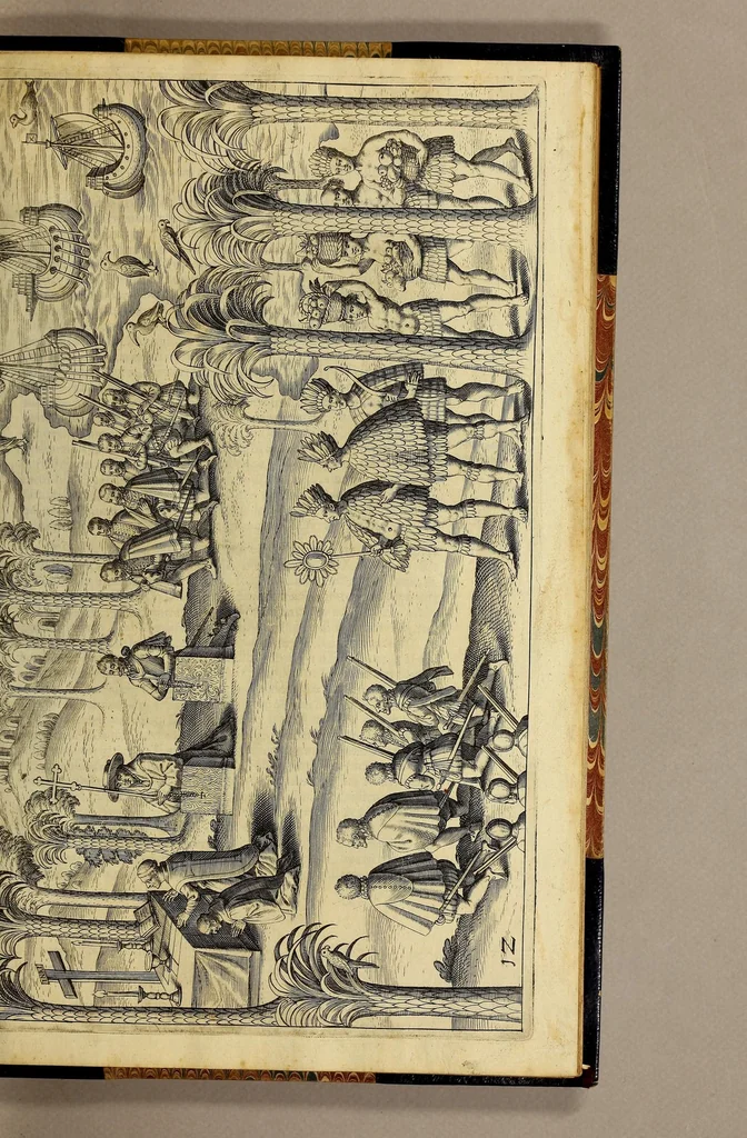 An illustration from Nova typis transacta navigatio. : Novi Orbis Indiæ Occidentalis admodum reverendissimorum PP. ... Dn. Buellii Cataloni abbatis montis Serrati, & in vniversam Americam, sive Novum Orbem sacræ sedis Apostolicæ Romanæ â latere legati, vicarij, ac patriarchæ : sociorumq[ue] monarchorum ex Ordine S.P.N. Benedicti ad suprà dicti Novi Mundi barbaras gentes Christi S. Evangelium prædicandi gratia delegatorum sacerdotum dimissi per S.D.D. Papam Alexandrum VI. Anno Christi. 1492. Nunc primum e varijs scriptoribus in vnum collecta, & figuris ornata., 1621, leaf 103