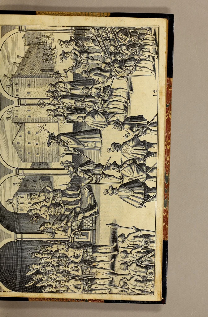 An illustration from Nova typis transacta navigatio. : Novi Orbis Indiæ Occidentalis admodum reverendissimorum PP. ... Dn. Buellii Cataloni abbatis montis Serrati, & in vniversam Americam, sive Novum Orbem sacræ sedis Apostolicæ Romanæ â latere legati, vicarij, ac patriarchæ : sociorumq[ue] monarchorum ex Ordine S.P.N. Benedicti ad suprà dicti Novi Mundi barbaras gentes Christi S. Evangelium prædicandi gratia delegatorum sacerdotum dimissi per S.D.D. Papam Alexandrum VI. Anno Christi. 1492. Nunc primum e varijs scriptoribus in vnum collecta, & figuris ornata., 1621, leaf 117