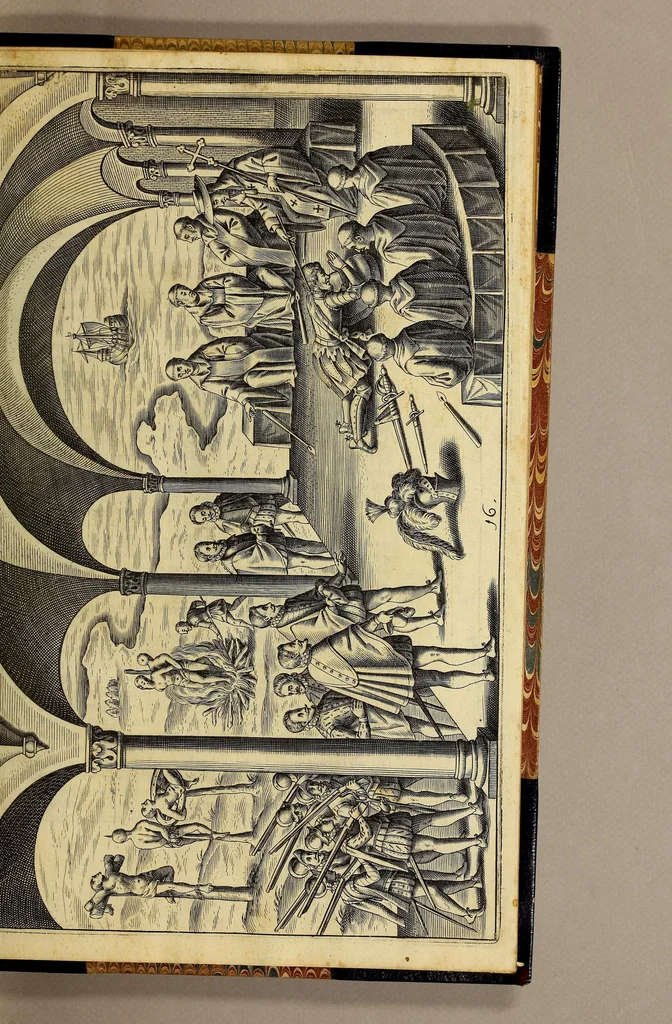An illustration from Nova typis transacta navigatio. : Novi Orbis Indiæ Occidentalis admodum reverendissimorum PP. ... Dn. Buellii Cataloni abbatis montis Serrati, & in vniversam Americam, sive Novum Orbem sacræ sedis Apostolicæ Romanæ â latere legati, vicarij, ac patriarchæ : sociorumq[ue] monarchorum ex Ordine S.P.N. Benedicti ad suprà dicti Novi Mundi barbaras gentes Christi S. Evangelium prædicandi gratia delegatorum sacerdotum dimissi per S.D.D. Papam Alexandrum VI. Anno Christi. 1492. Nunc primum e varijs scriptoribus in vnum collecta, & figuris ornata., 1621, leaf 141