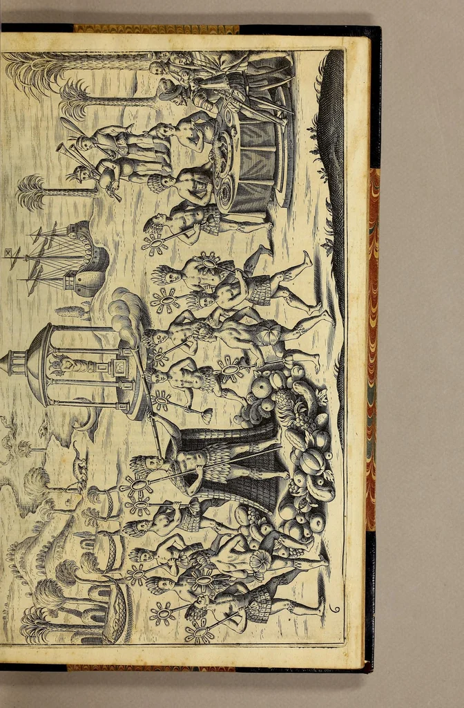 An illustration from Nova typis transacta navigatio. : Novi Orbis Indiæ Occidentalis admodum reverendissimorum PP. ... Dn. Buellii Cataloni abbatis montis Serrati, & in vniversam Americam, sive Novum Orbem sacræ sedis Apostolicæ Romanæ â latere legati, vicarij, ac patriarchæ : sociorumq[ue] monarchorum ex Ordine S.P.N. Benedicti ad suprà dicti Novi Mundi barbaras gentes Christi S. Evangelium prædicandi gratia delegatorum sacerdotum dimissi per S.D.D. Papam Alexandrum VI. Anno Christi. 1492. Nunc primum e varijs scriptoribus in vnum collecta, & figuris ornata., 1621, leaf 67
