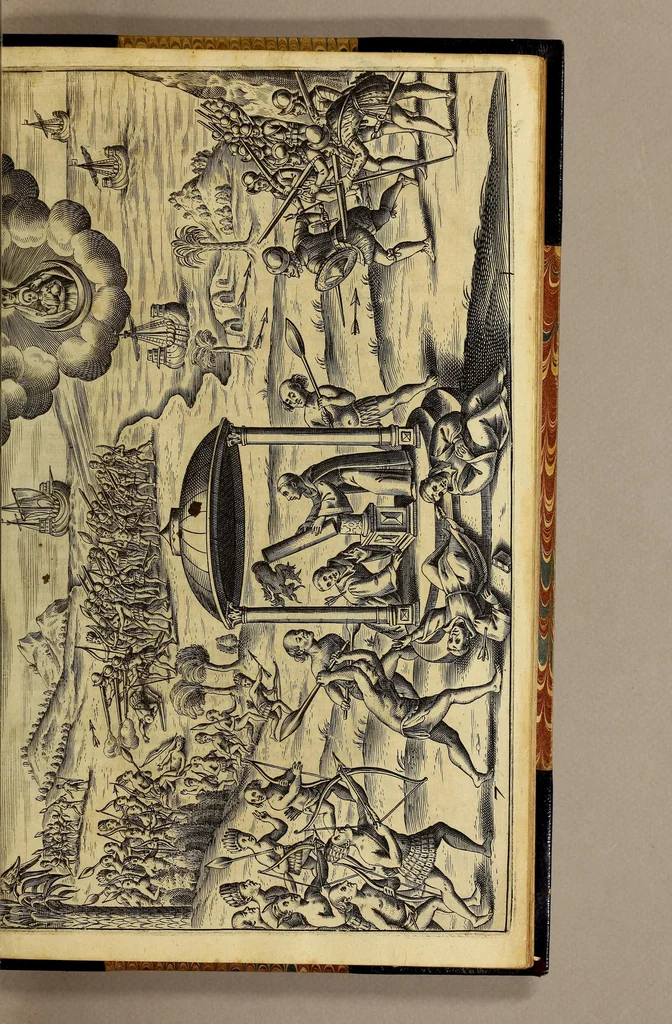An illustration from Nova typis transacta navigatio. : Novi Orbis Indiæ Occidentalis admodum reverendissimorum PP. ... Dn. Buellii Cataloni abbatis montis Serrati, & in vniversam Americam, sive Novum Orbem sacræ sedis Apostolicæ Romanæ â latere legati, vicarij, ac patriarchæ : sociorumq[ue] monarchorum ex Ordine S.P.N. Benedicti ad suprà dicti Novi Mundi barbaras gentes Christi S. Evangelium prædicandi gratia delegatorum sacerdotum dimissi per S.D.D. Papam Alexandrum VI. Anno Christi. 1492. Nunc primum e varijs scriptoribus in vnum collecta, & figuris ornata., 1621, leaf 79